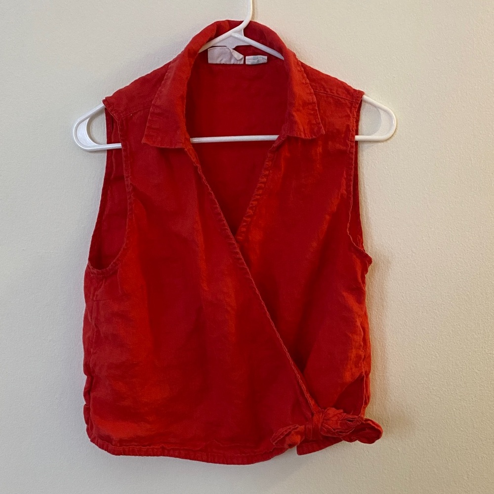 100% Linen Cynthia Rowley Red Sleeveless Wrap Top with Side Tie